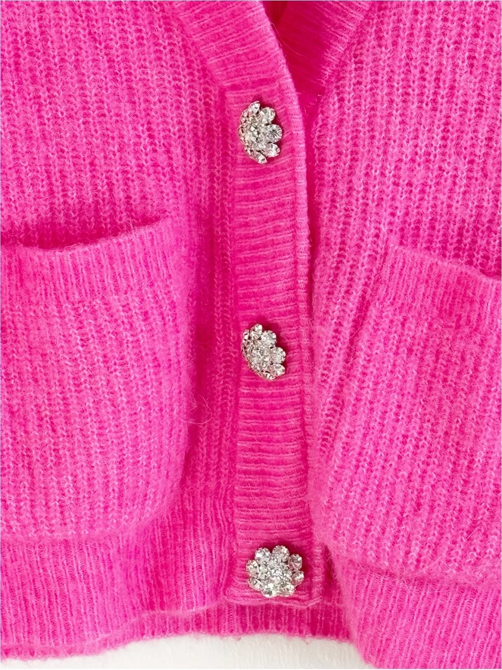 GANNI Women’s Bright Pink V-Neck Crystal Button Pocket Alpaca Blend Cardigan S